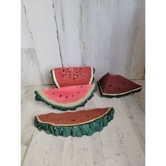 Vintage folk art bark wooden watermelon fruit piece set decor summer home - Picture 1 of 12
